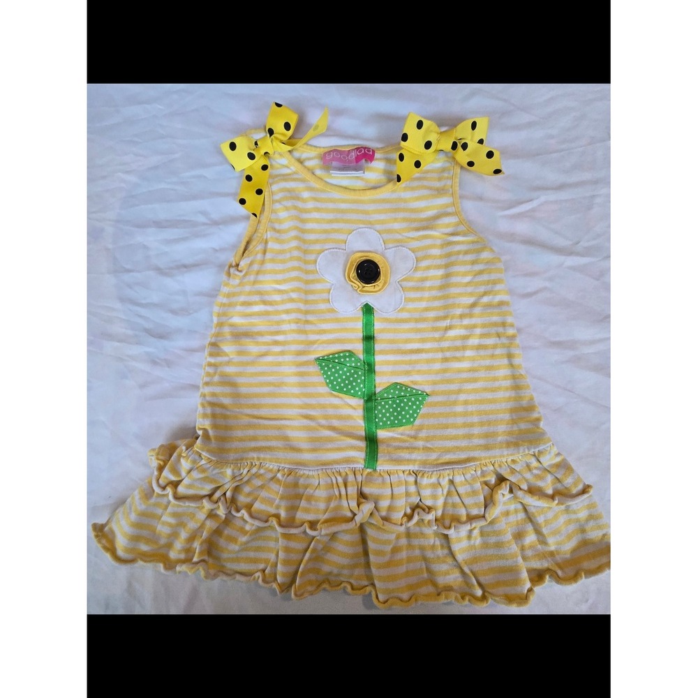 Good Lad Yellow Striped Dress‎ with Flower Appliqué and Polka Dot Bow Straps